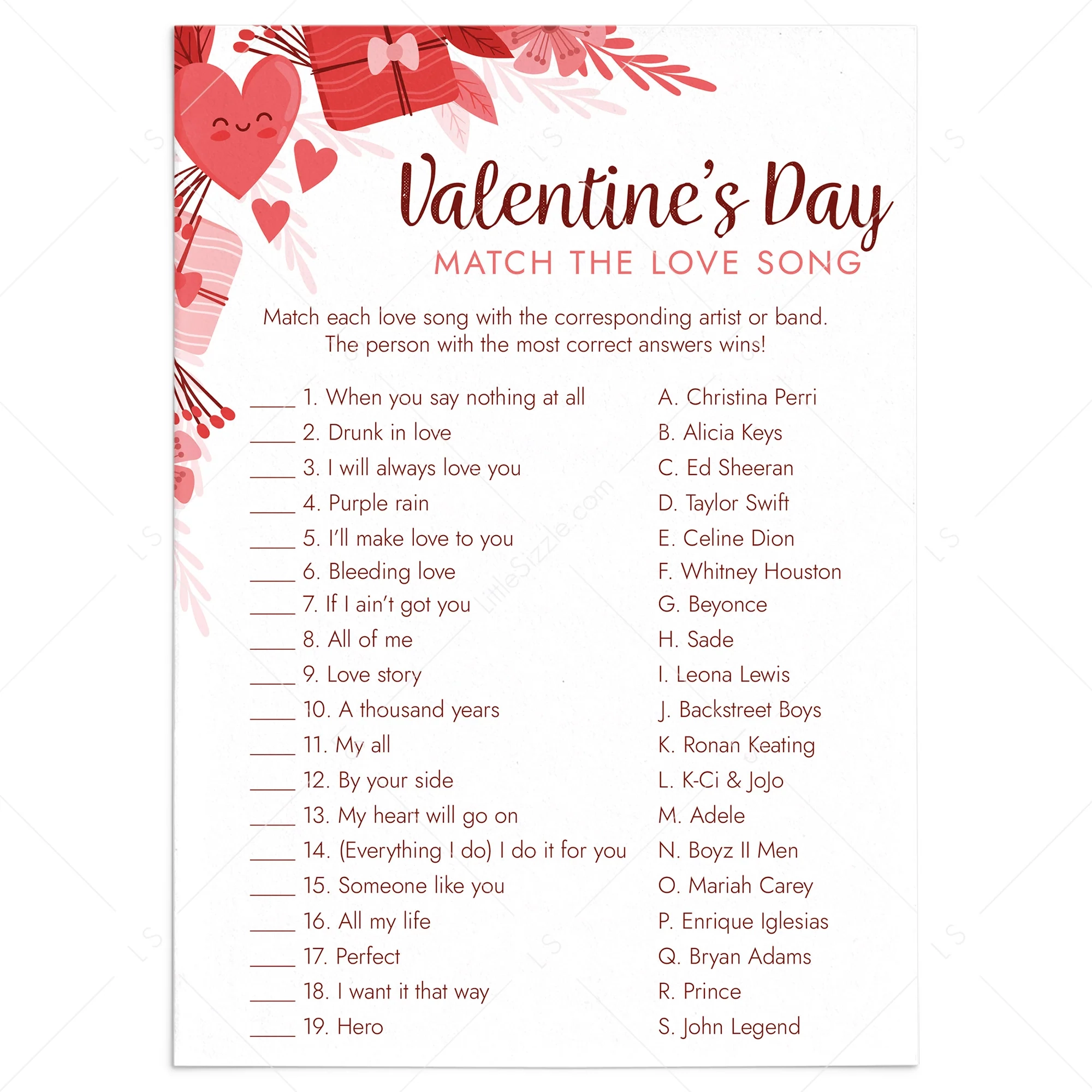 Valentine s Day Love Song Trivia With Answers Printable LittleSizzle