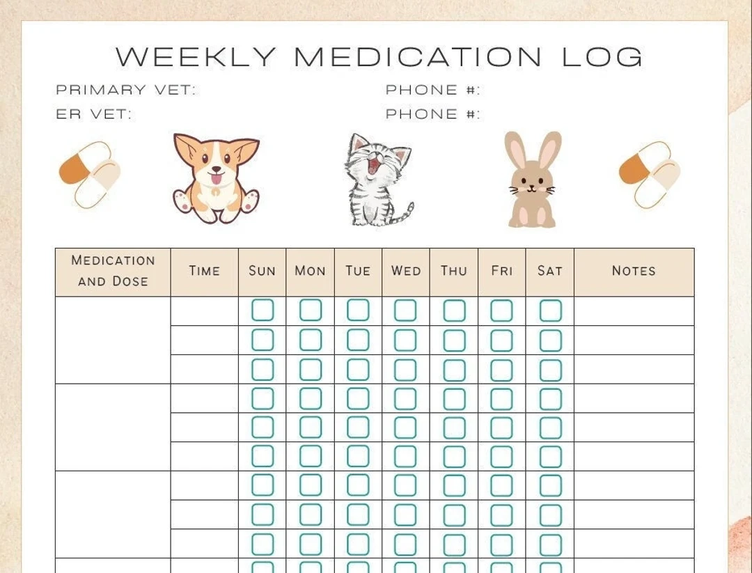 Vet Created EDITABLE Printable Weekly Pet Medication Log Pill Tracker Fillable Medical Planner Etsy Israel