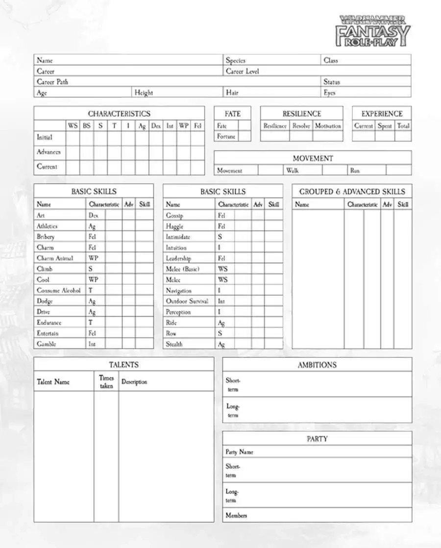 Warhammer Fantasy Role Play 4 Character Sheets Cubicle 7 Entertainment Ltd DriveThruRPG Warhammer Fantasy Role Play 4 Character Sheets Cubicle 7 Entertainment Ltd DriveThruRPG