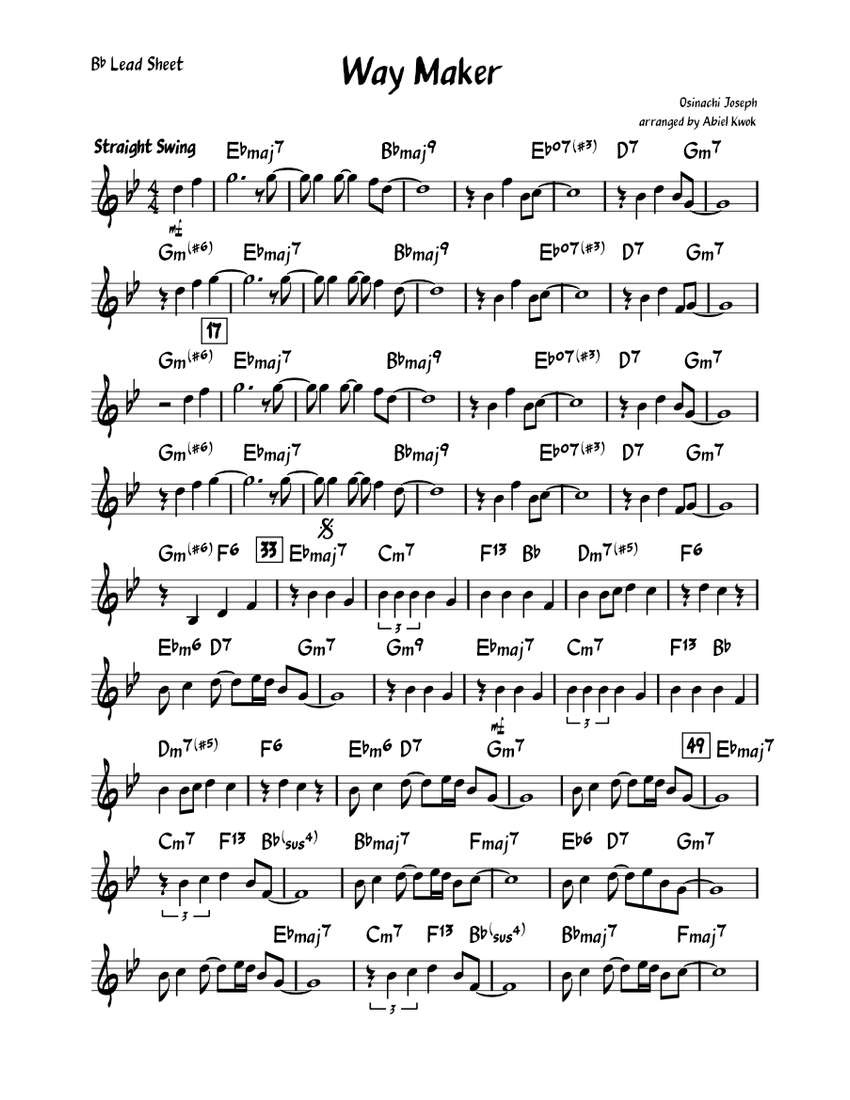 Way Maker Lead Sheet B Flat Sheet Music With Chords For Piano Solo Easy MuseScore