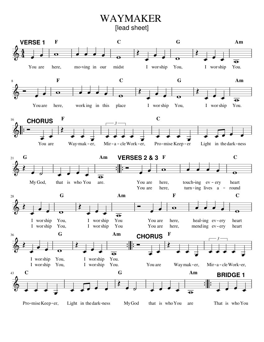 WAYMAKER lead Sheet Easy Key Sheet Music With Chords For Piano Piano Voice Guitar MuseScore