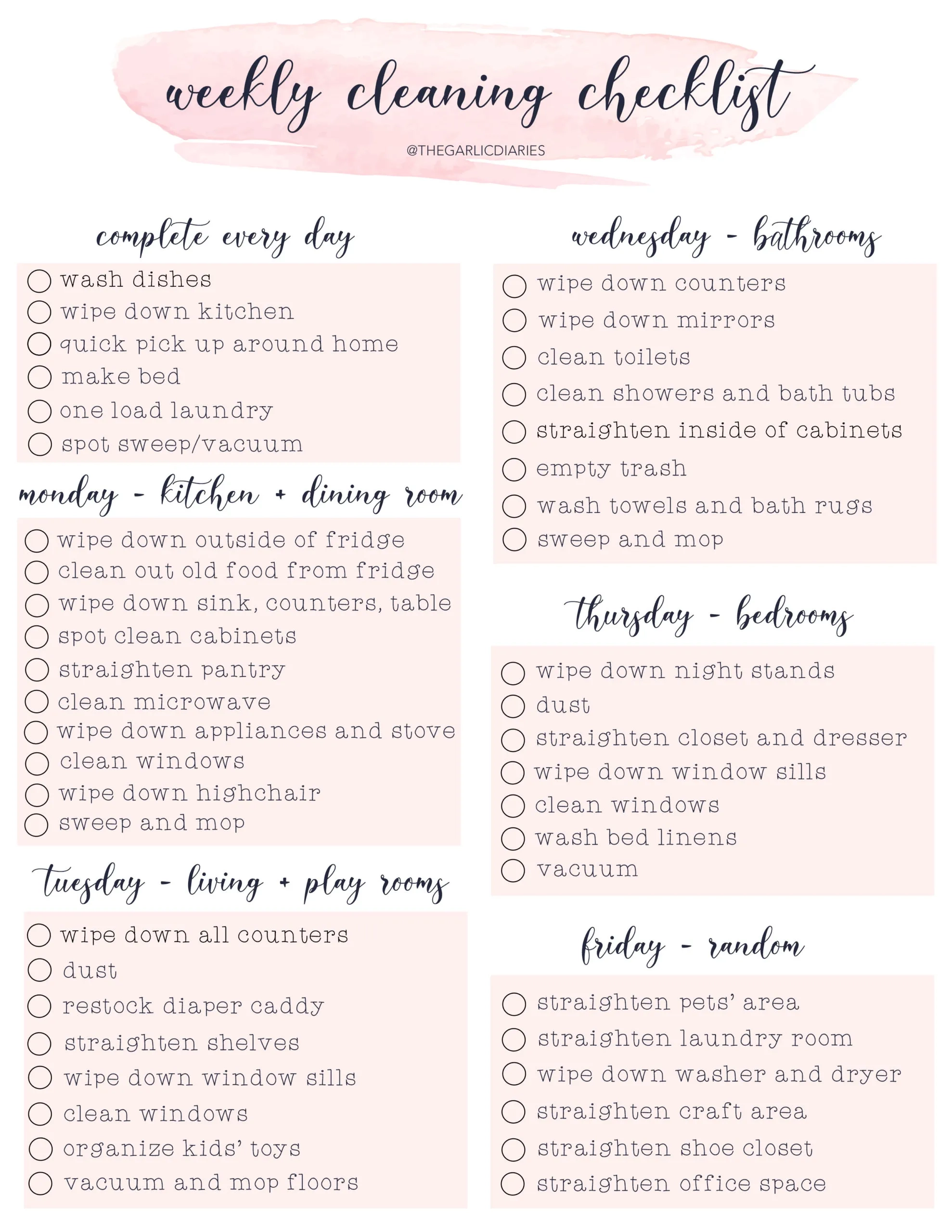 Weekly Cleaning Checklist with Free Downloadable 
