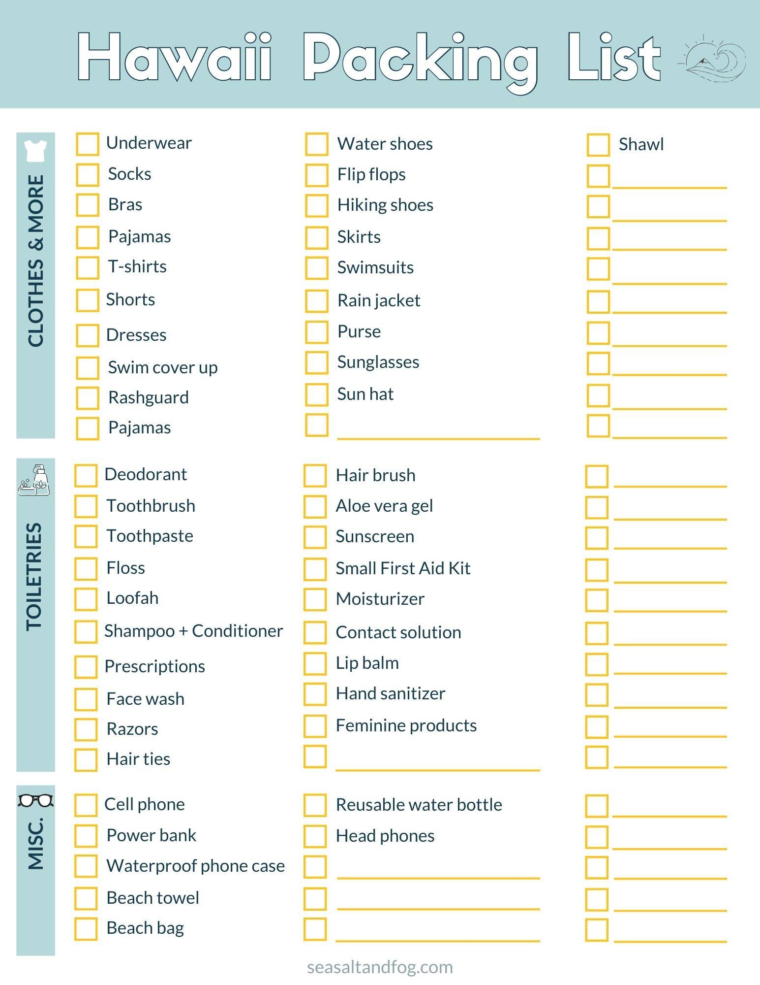 What To Pack For Hawaii Packing List Printable Sea Salt Fog