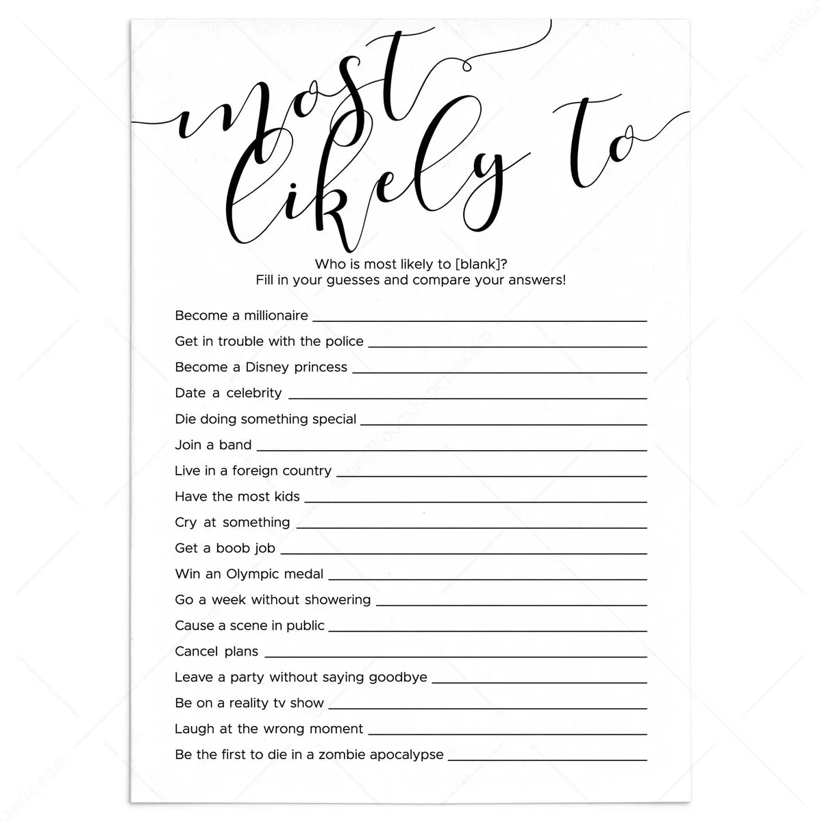 Who Is Most Likely To Game For Adult Party Printable