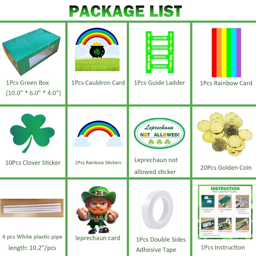 XWT St Patricks Day Decorations DIY To Catch A Leprechaun Trap Set Include 10Pcs Green A4 Paper 50Pcs Golden Coin 100Pcs Plush Metal Strip 1Pcs Plastic Cauldron 1Pcs Tape 02 Amazon sg Toys