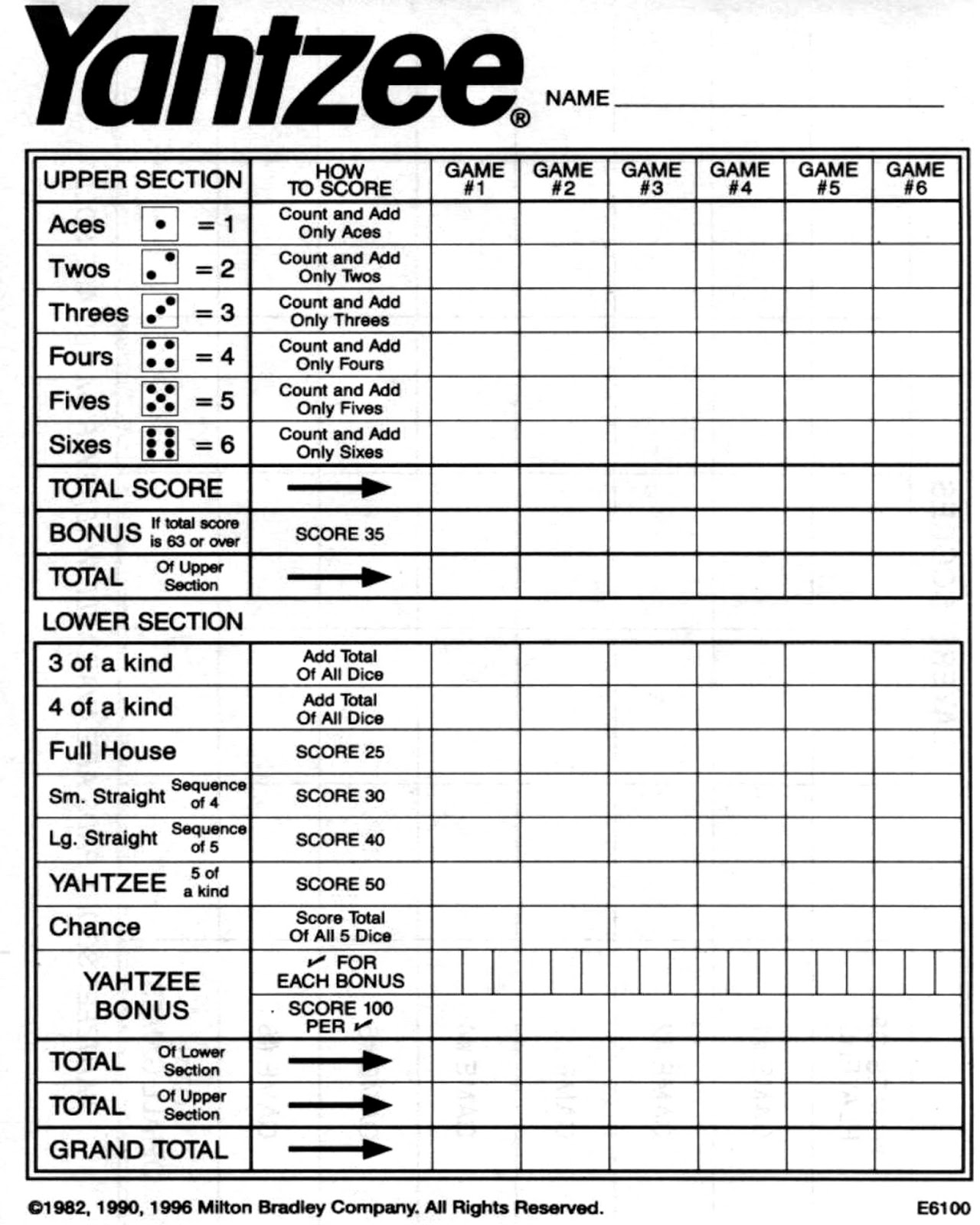 Free Downloadable Printable Yahtzee Score Sheets